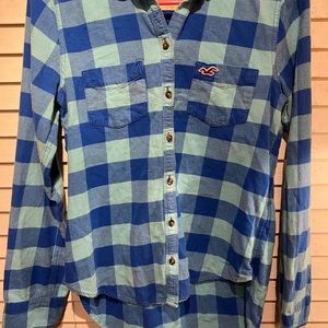 Hollister, blue plaid flannel shirt, women’s size small